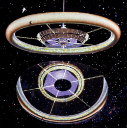 Vue d'artiste d'un Tore de Stanford en entier. A sa base, un immense miroir permet d'apporter la lumière sur le Tore © Donald Davis - NASA Vue d'artiste d'un Tore de Stanford en entier. A sa base, un immense miroir permet d'apporter la lumière sur le Tore © Donald Davis - NASA