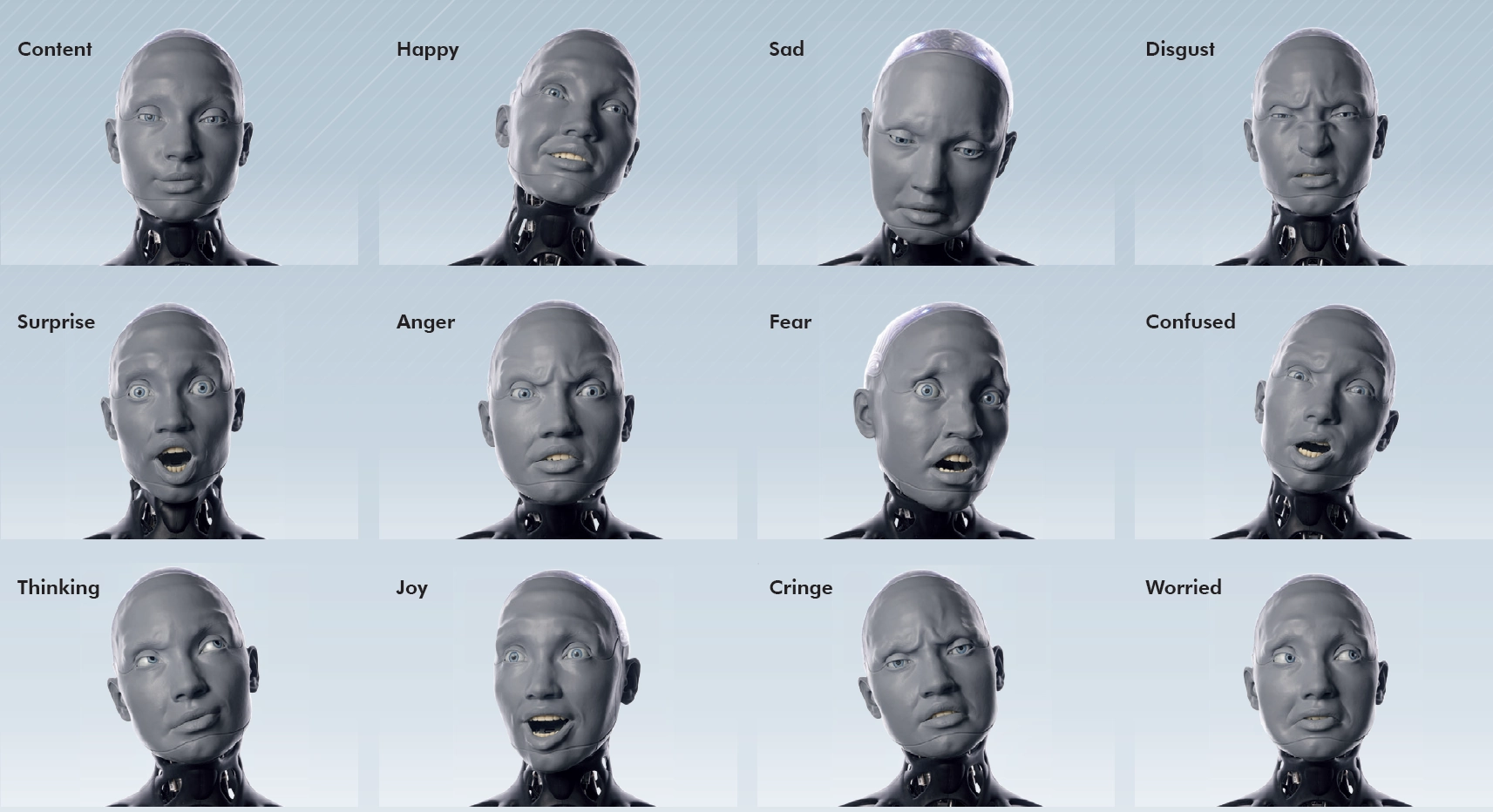 Les différentes expressions faciales d'Ameca © Engineered Arts Les différentes expressions faciales d'Ameca © Engineered Arts
