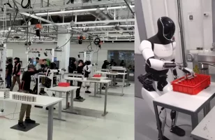 À gauche, l'entraînement en télé-opération d'Optimus ; à droite, Optimus Gen 2 travaillerant en autonomie dans une usine Tesla depuis mai 2024 © Tesla