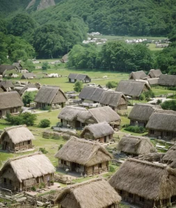 Vue d'artiste d'un village du Néolithique
