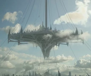 Zalem, la ville flottante visible dans Alita : Battle Angel © Dylan Cole - 20th Century Fox
